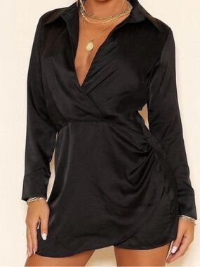 Zara Black Satin Wrap-Effect Mini Dress